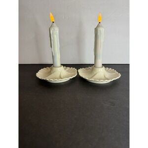 Lenox USA Ivory Porcelain Candlestick Holders Pair Gold Trim Swirl Shell Design